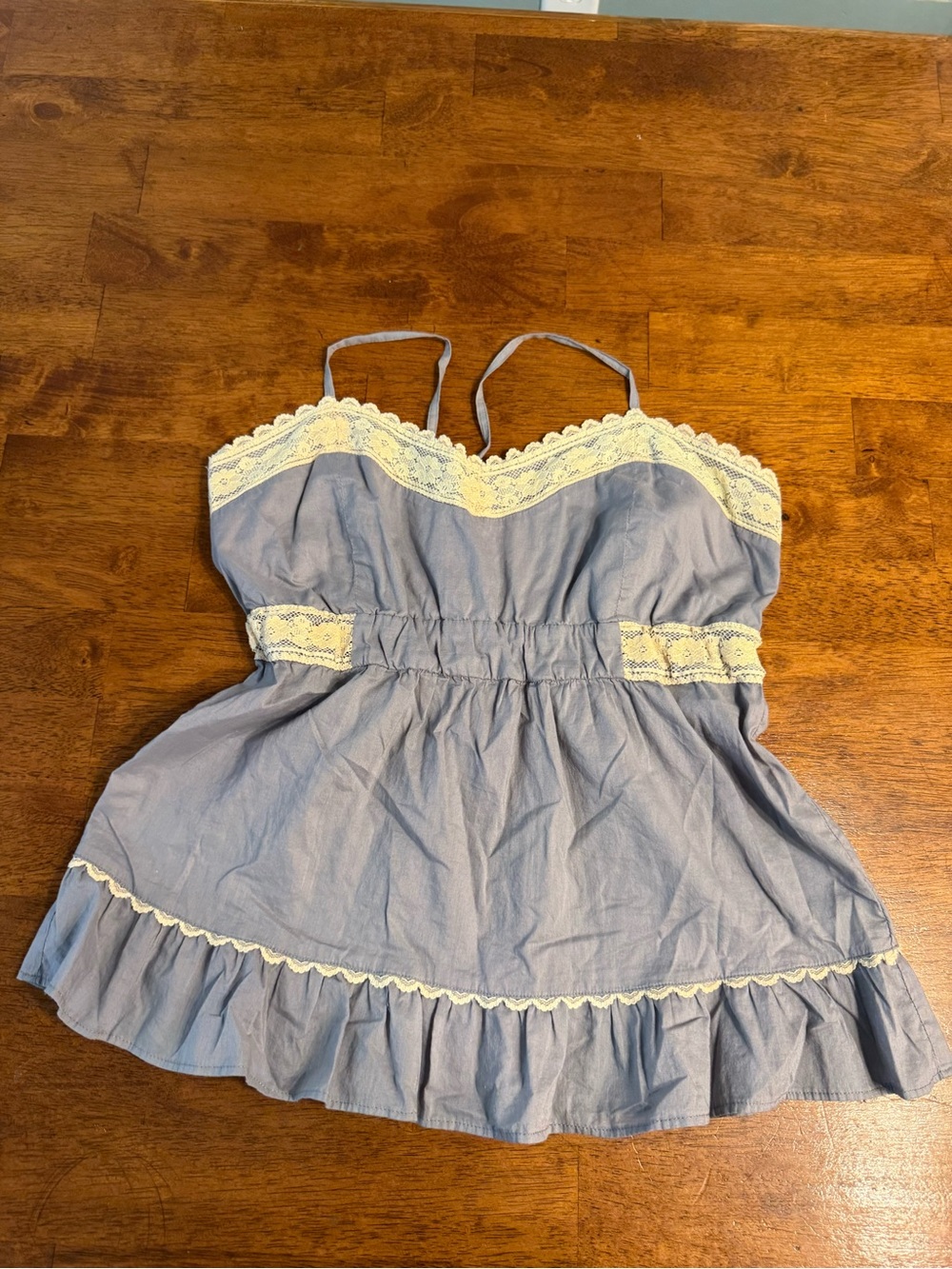 Feather Bone Babydoll Cami Top Womens Medium Blue Gray Cotton Lace Ruffle Trim